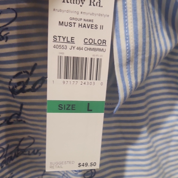 Ruby Rd. Blue and White Script Long Sleeve Top - Picture 7 of 9